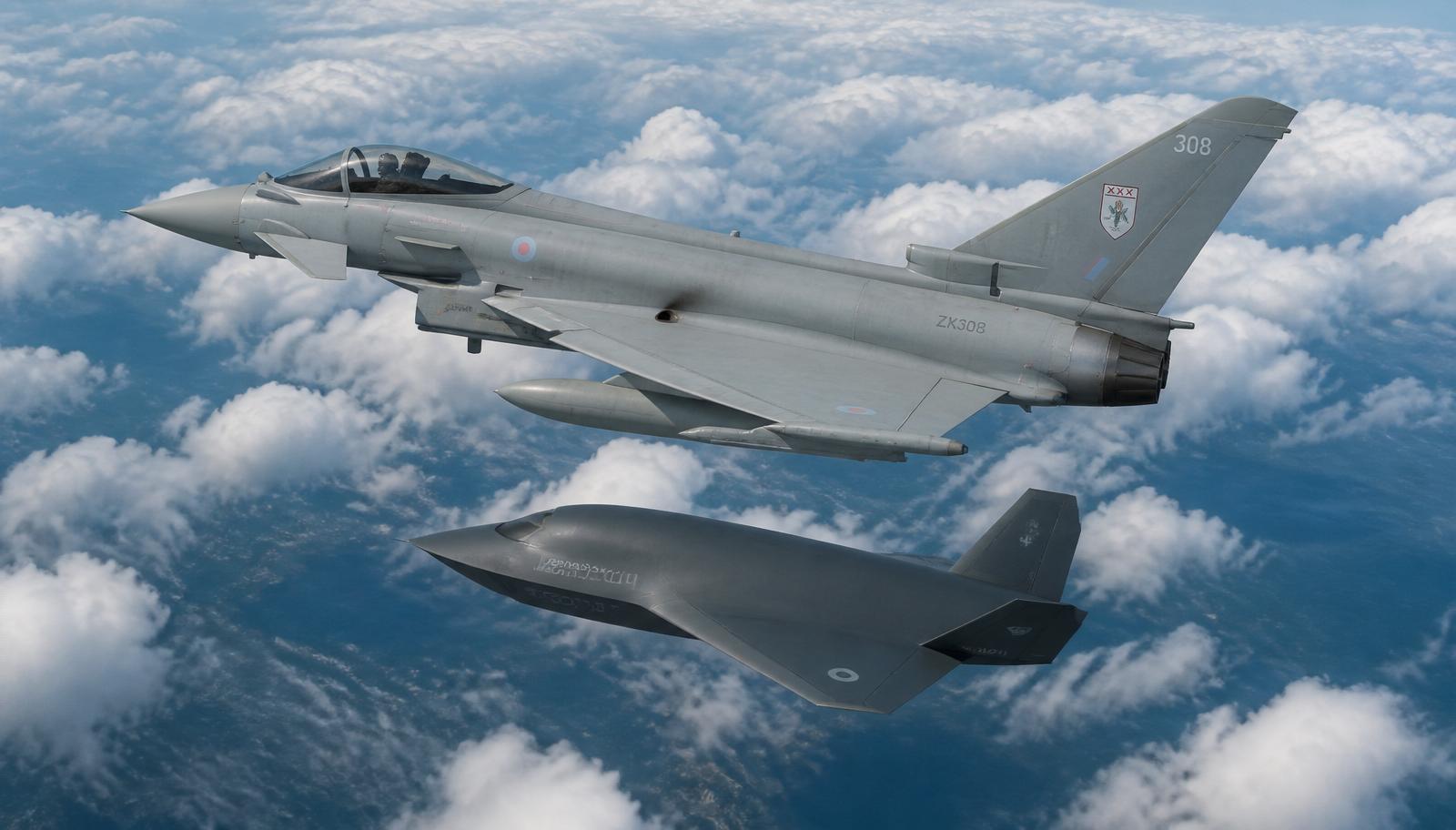 Artist's impression: Brontanax loyal-wingman drone flying in formation with an RAF Typhoon
